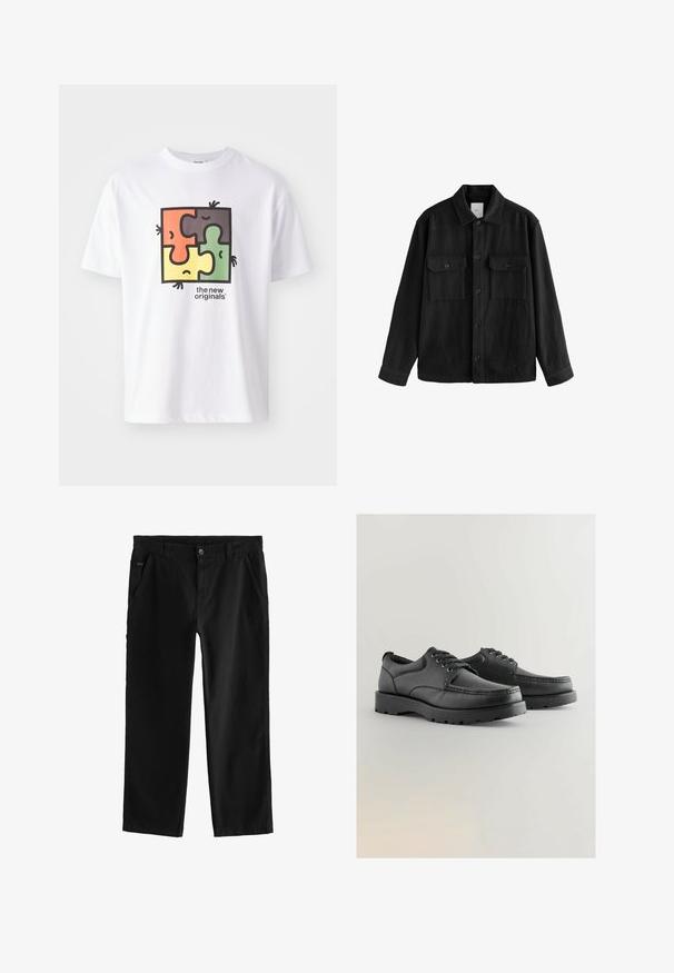 Zwarte oversized shirt gemaakt van zachte stof, met lange mouwen, twee borstzakken, een knoopsluiting aan de voorkant en een klassiek kraagontwerp.; Witte T-shirt met een vierkant puzzelontwerp met rode, groene, gele en zwarte elementen. Tekst leest "de nieuwe originals." Zachte katoenmateriaal.; Zwarte katoenen broek met een rechte pijpdesign, voorzien van een knoopsluiting aan de voorkant, schuine zijzakken en subtiele stikdetails.; Zwarte leren schoenen met een gestructureerde bovenkant, ronde neus, vetersluiting en dikke rubberen zolen met een patroon.