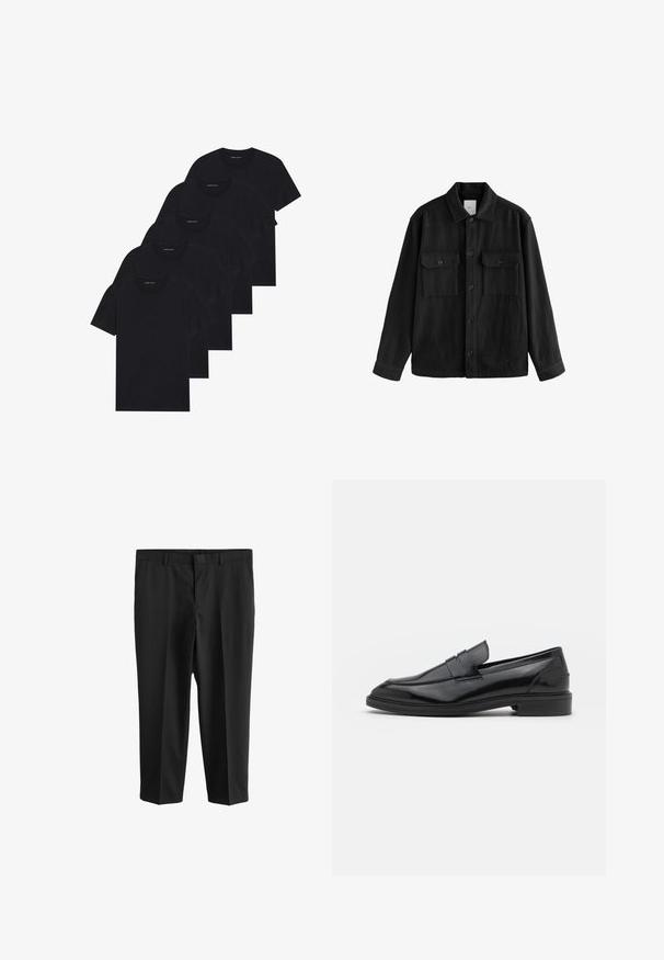 Fekete, túlnyúló ing puha anyagból, hosszú ujjakkal, két mellzsebbel, gombos elülső résszel és klasszikus gallér dizájnnal.; Öt darab fekete kerek nyakú póló csomag. Rövid ujjú, pamut anyagból, szabványos fazonnal. Sima textúra, látható minták vagy díszítések nélkül.; Next REGULAR FIT - Öltönynadrág - black; Fekete bőrcipók sima felülettel, kerek orral és keskeny sávval a felsőrészen. Alacsony, rétegelt sarkú.