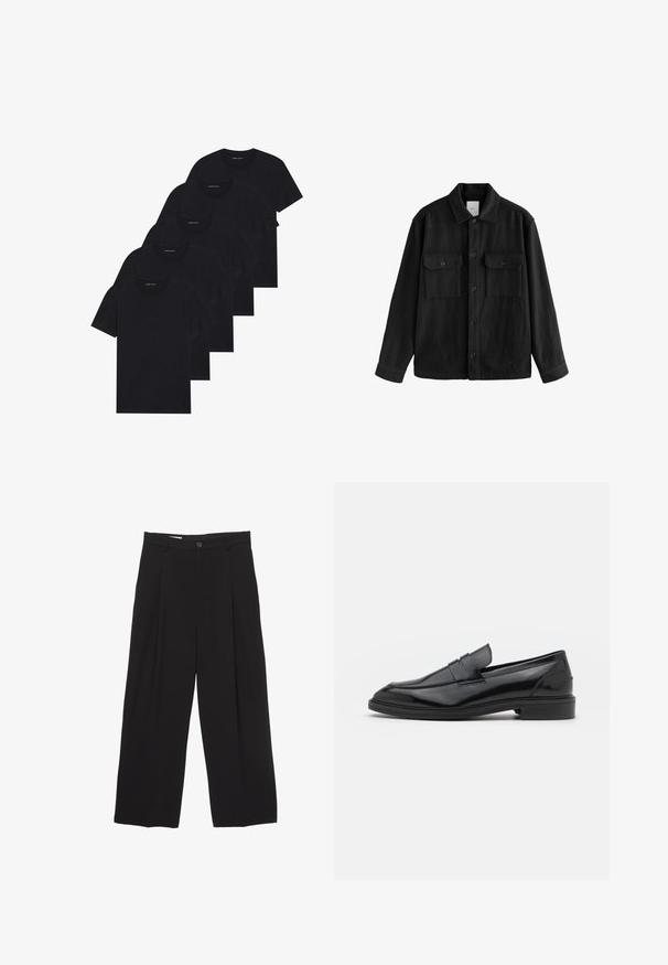 Zwarte oversized shirt gemaakt van zachte stof, met lange mouwen, twee borstzakken, een knoopsluiting aan de voorkant en een klassiek kraagontwerp.; Zes zwarte t-shirts met ronde hals in een verpakking van vijf. Korte mouwen, van katoen, met een standaard pasvorm. Gladde textuur zonder zichtbare patronen of versieringen.; Zwarte wijde broek gemaakt van gladde stof, met een platte tailleband, voorplooien en een enkele knoopsluiting.; Zwarte leren instappers met een gladde afwerking, voorzien van een ronde neus en een smalle band over de bovenkant. Lage gestapelde hak.