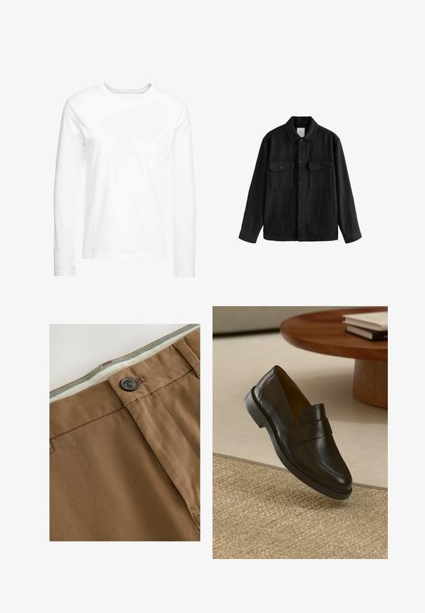 Čierna voľná košeľa vyrobená z mäkkej tkaniny, s dlhými rukávmi, dvoma náprsníkovými vreckami, predným zapínaním na gombíky a klasickým dizajnom goliera.; Biela tričko s dlhým rukávom vyrobené z mäkkej bavlny. Okrúhly výstrih s rovnými lemami a bez viditeľných vzorov alebo grafiky.; Hnedé bavlnené nohavice s gombíkovým zapínaním, zipsom a kontrastnou tkaninou na páse. Obsahujú precízne švy a štruktúrovaný povrch.; Čierne kožené mokasíny s hladkým povrchom, zaoblenou špičkou a dekoračným remienkom cez hornú časť. Nízky gumový podpätok, umiestnený na textúrovanom povrchu.