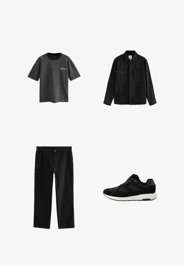 Camicia nera oversize in tessuto morbido, con maniche lunghe, due tasche sul petto, chiusura a bottoni e un classico design del colletto.; T-shirt a righe bianche e nere con maniche corte e colletto rotondo. Presenta un design del testo "Copenhagen" sulla parte anteriore. Realizzato in tessuto morbido.; Pantaloni in cotone neri con design a gamba dritta, caratterizzati da una chiusura frontale con bottone, tasche laterali angolate e dettagli di cucitura discreti.; Scarpa atletica nera in suede e mesh, con punta rotonda, chiusura con lacci e suola in gomma bianca con dettagli testurizzati.