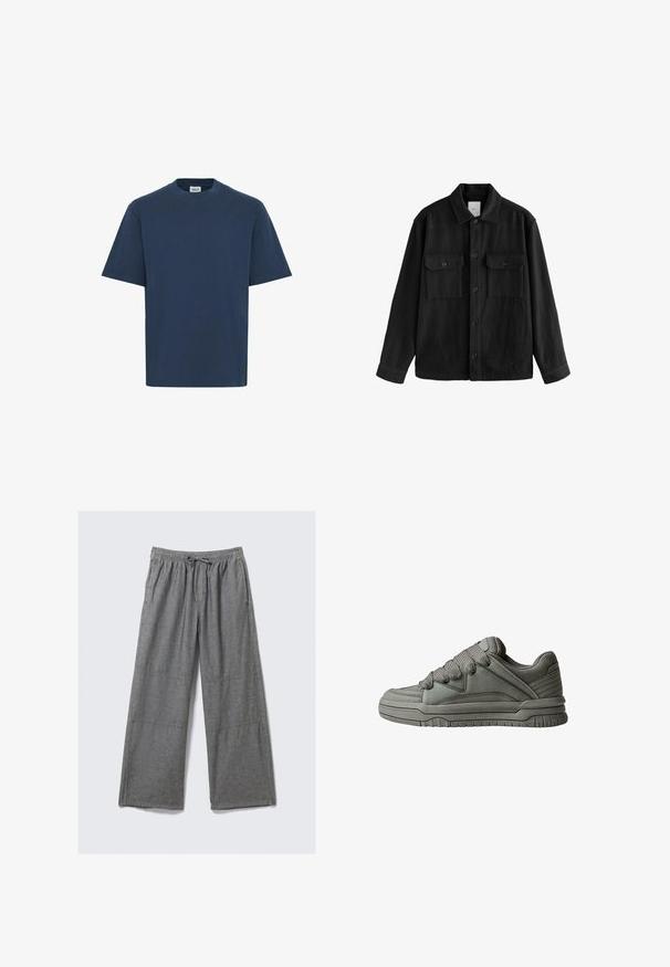 Fekete, túlnyúló ing puha anyagból, hosszú ujjakkal, két mellzsebbel, gombos elülső résszel és klasszikus gallér dizájnnal.; Sötétkék pamut póló kerek nyakkal, rövid ujjakkal és egyenes szegéllyel. Az alsó bal oldalon egy kis márkacímke található.; Szürke, széles lábú nadrág könnyű anyagból, rugalmas derékpánttal, húzózsinórral és finom varrási részletekkel az oldalán.; Szürke sportcipő, texturált bőr és hálós felsőrésszel, vastag gumitalppal, valamint kiemelkedő párnázott nyelvvel és oldalakkal. Fűzők és oldalhúzások is tartoznak hozzá.