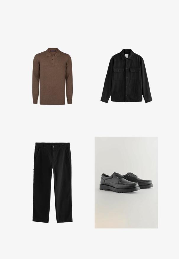 Schwarzes, übergroßes Hemd aus weichem Material, mit langen Ärmeln, zwei Brusttaschen, Knopfverschluss und klassischem Kragen.; Braunes Langarm-Polohemd aus Strickstoff mit Kragen und einer Knopfleiste mit drei Knöpfen, sowie gerippten Bündchen und Saum.; Schwarze Baumwollhose mit geradem Bein, ausgestattet mit einem vorderen Knopfverschluss, schrägen Seitentaschen und dezenten Nähten.; Schwarze Lederschuhe mit strukturiertem Obermaterial, runder Spitze, Schnürdesign und dicken Gummisohlen mit einem Profil.