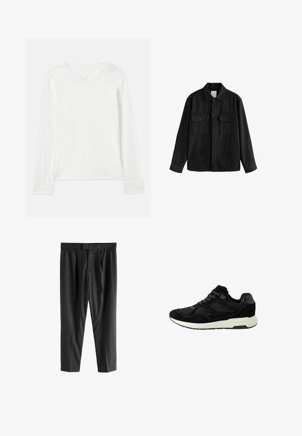 Čierna voľná košeľa vyrobená z mäkkej tkaniny, s dlhými rukávmi, dvoma náprsníkovými vreckami, predným zapínaním na gombíky a klasickým dizajnom goliera.; Biela blúzka s dlhým rukávom a výstrihom do V, mäkký materiál a bočné rozparky. Má jednoduchý dizajn bez ozdôb alebo vzorov.; Next REGULAR FIT -CHECK SMART - Nohavice chinos - black; Čierna atletická obuv vyrobená zo semišu a sieťoviny, s okrúhlou špičkou, šnurovaním a bielou gumovou podrážkou s textúrovanými akcentmi.