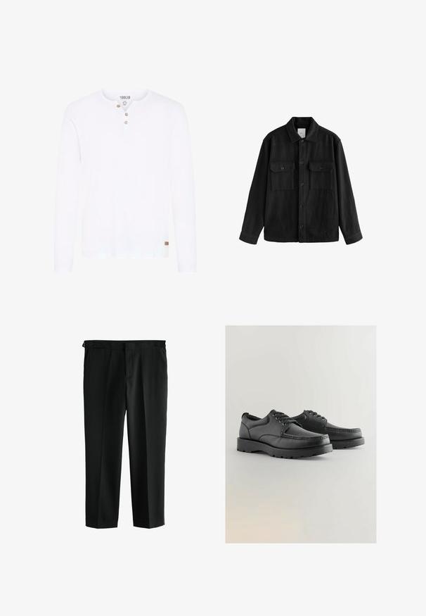 Cămașă neagră supradimensionată dintr-un material moale, având mâneci lungi, două buzunare pe piept, închidere cu butoane și un guler clasic.; Cămașă albă cu mâneci lungi, din bumbac, cu guler henley cu butoni și un mic eticheta maro la margine. Textură netedă.; Pantaloni negri cu un design drept, confectionati dintr-un material neted. Include doua buzunare frontale si un tiv cu bucle pentru centura.; Pantofi din piele neagră cu un superior texturat, vârf rotund, design cu șireturi și talpă groasă din cauciuc cu un model de profil.
