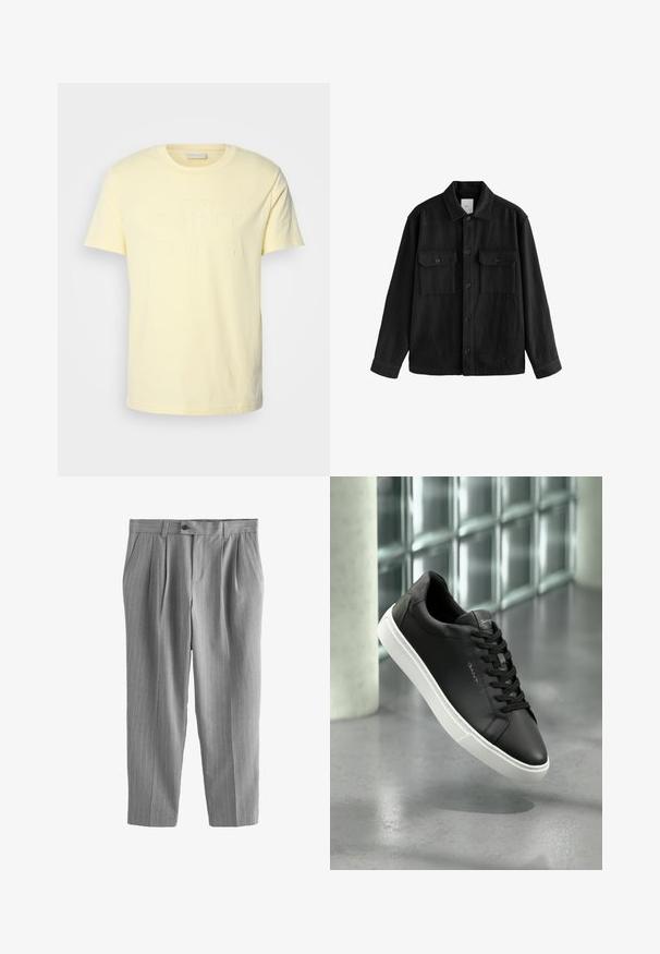 Černá oversized košile vyrobená z měkké látky, s dlouhými rukávy, dvěma náprsními kapsami, předním zapínáním na knoflíky a klasickým límcem.; GANT TONAL SHIELD - Triko s potiskem - yellow shine; Šedé pruhované kalhoty vyrobené z látky s hladkým povrchem, s jedním zapínáním na knoflík, s řasením a rovnými nohavicemi.; Černé kožené tenisky s bílou gumovou podrážkou, kulatou špičkou a šněrováním. Mají hladkou strukturu a decentní branding na jazyku.