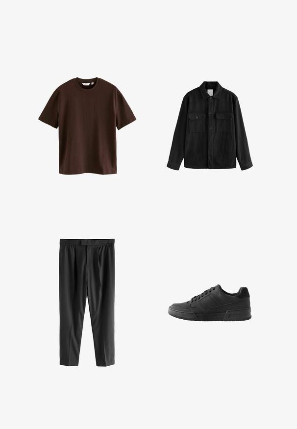 Must have suure ja pehmest kangast oversize-särk, millel on pikad varrukad, kaks rinnataskut, nööpidega esiosa ja klassikaline krae.; Next HEAVYWEIGHT - Lihtne T-särk - mottled brown; Next REGULAR FIT -CHECK SMART - Chino-püksid - black; Mustad mustad tossud, millel on sile nahk peal, kontrastsed sea nahast detailid, struktureeritud kuju ja tekstureeritud kummist põhi.