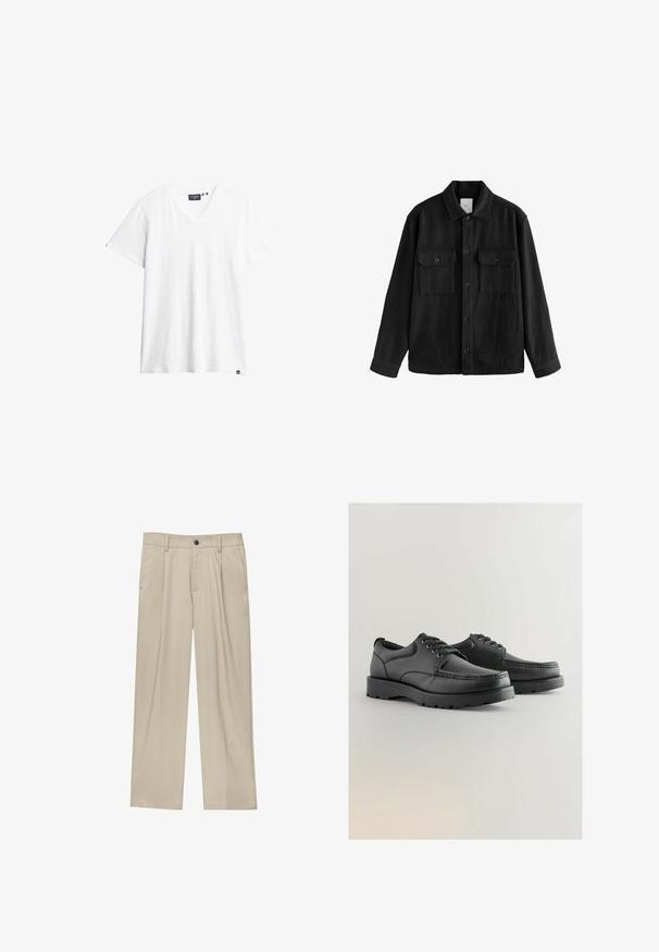 Czarna, oversize koszula wykonana z miękkiego materiału, z długimi rękawami, dwiema kieszeniami na piersi, z przodem zapinanym na guziki oraz klasycznym kołnierzem.; Biała koszulka z dekoltem w serek wykonana z miękkiego materiału. Krótkie rękawy o luźnym kroju. Mała metka marki na dolnym lewym brzegu. Minimalistyczny design.; Beżowe spodnie o prostym kroju, z pojedynczym czarnym guzikiem, szlufkami na pasek oraz bocznymi kieszeniami. Gładka faktura materiału i minimalistyczny design.; Czarne skórzane buty z teksturowaną cholewką, okrągłym noskiem, sznurowanym zapięciem oraz grubą gumową podeszwą z bieżnikiem.