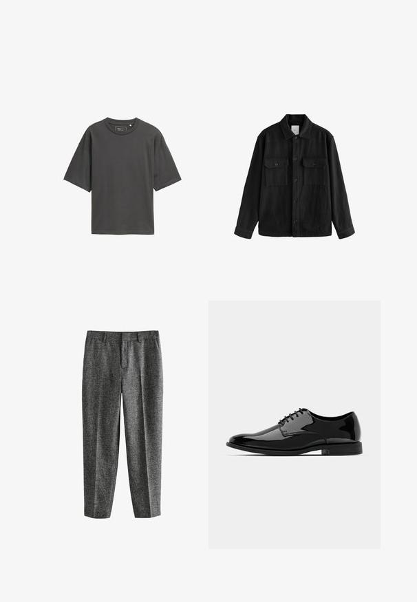 Črna oversize srajca iz mehkega materiala, z dolgimi rokavi, dvema žepoma na prsih, z gumbi na sprednji strani in klasično zasnovo ovratnika.; Temno siva velikanska majica iz gladkega bombaža. Ima okroglo ovratnico, kratke rokave in preprost, brez okrasitev oblikovan dizajn.; Sive, teksturirane hlače z diskretnim herringbone vzorcem, krojene prilegajoče se, z dvema sprednjima žepekoma in zadrgo z gumbom.; Črne lakirane usnjene čevlje z zaobljenim nosom, vezanjem in gladko, sijočo površino. Imajo nizko profilirano gumijasto podplat.