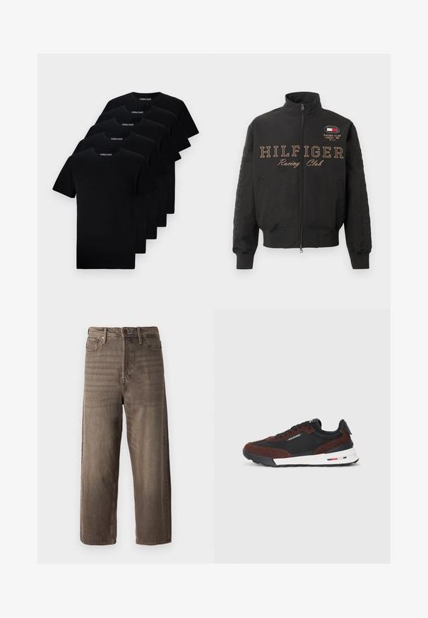 Casaco preto com fecho éclair, com punhos canelados, texto "HILFIGER Racing Club" na parte da frente e um pequeno emblema de corrida no canto superior direito do peito.; T-shirts de algodão pretos com um design de gola redonda, exibidos em uma pilha. Cada camisa apresenta o logótipo "Selected" na gola.; Jeans largos castanhos em denim. Características incluem fecho éclair, passantes para cinto e cinco bolsos. O tecido apresenta uma aparência desbotada e texturizada.; Tommy Hilfiger RETRO RUNNER MIX - Sapatilhas - black/cocoa