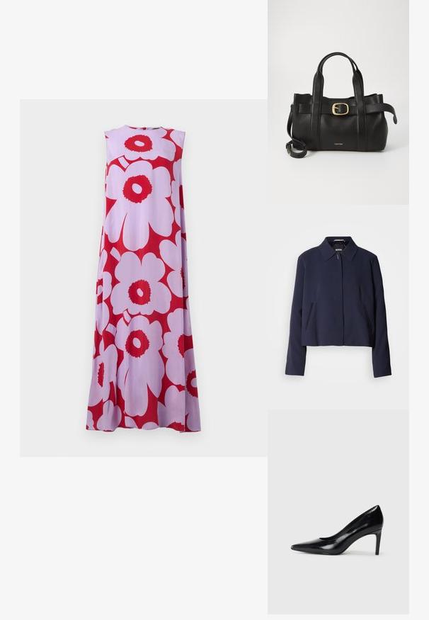 Tumesinine lühike jakk terava kraega, ees nupuga kinnitamine, küljetaskud ja sile kangas. Logo on nähtav seestpoolt.; Varrukateta maxi kleit kergest kangast, millel on suured punased ja roosad lillemustried heleda lilla tausta peal. Ümar kaelus.; Mustmust musta kõrge kontsaga king, millel on terav varvas, sile tekstuur ja kitsenev konts. Minimalistlik disain, ilma täiendavate kaunistusteta.; Must mustraga nahkakott, millel on struktureeritud disain, kaks ülemist kanda, kuldse tooni pandla aktsent ja esiküljel embosseeritud brändi logo.