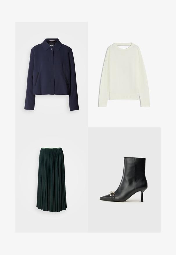 Navy blue cropped jacket with a pointed collar, front button closure, side pockets, and a smooth fabric finish. Logo displayed inside.; Light cream sweater featuring a round neck, long sleeves, ribbed hem, and a soft texture. No patterns or visible hardware details.; Long, pleated skirt in dark green with a wide waistband featuring the brand name "LACOSTE" in contrasting green lettering.; Black leather ankle boot with pointed toe, slim mid-height heel, and silver buckle detail on side against plain background.