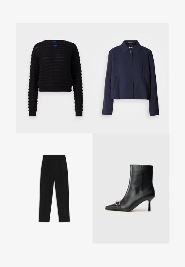 Navyblauwe cropped jas met een puntige kraag, een sluiting met knopen aan de voorkant, zijzakken en een gladde stofafwerking. Logo zichtbaar aan de binnenkant.; Zwarte cropped trui met geribbeld textuur, lange mouwen en een ronde halslijn. Bevat een blauw logo-label op de voorkant. Gemaakt van lichtgewicht materiaal.; Zwarte broeken met een rechte pasvorm, voorzien van dubbele plooien, een zachte textuur en een klassiek taillebandontwerp. Geen zichtbare hardware of accenten.; Zwarte leren enkelboot met spitse neus, slanke middenhoge hak en zilveren gespdetail aan de zijkant op een effen achtergrond.
