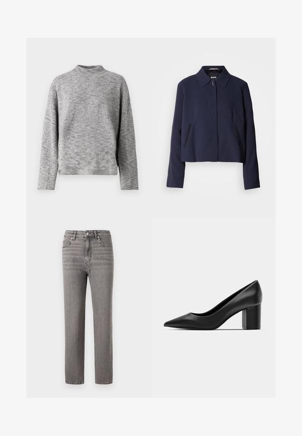 Tumši zilā krāsā apgriezta jaka ar asu apkakli, priekšējo pogu aizdari, sānu kabatām un gludu auduma apdari. Logo atrodas iekšpusē.; Gaiši pelēks adīts džemperis ar augstu apkakli, garām piedurknēm un brīvu piegriezumu. Tekstūru audums ar smalku punktotu rakstu.; Pelēkā denima bikses ar taisnu griezumu, vidēja augstuma jostasvietu, piecām kabatām un nelielām vertikālām šuvēm. Gluda tekstūra un viegla.; Melnas ādas kurpes ar smailu purngalu un masīvu kvadrātveida papēdi. Gluda tekstūra, vienkāršs dizains, piemērots oficiālām vidēm.