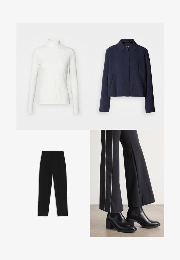 Navy blue cropped jacket with a pointed collar, front button closure, side pockets, and a smooth fabric finish. Logo displayed inside.; White ribbed turtleneck top with long sleeves, made of stretchy fabric. Features a fitted design and high neckline for coverage.; Black trousers with a straight fit, featuring double pleats, a smooth texture, and a classic waistband design. No visible hardware or accents.; Black leather ankle boots with a block heel, featuring elastic side panels. Paired with black pants that have a white side stripe.