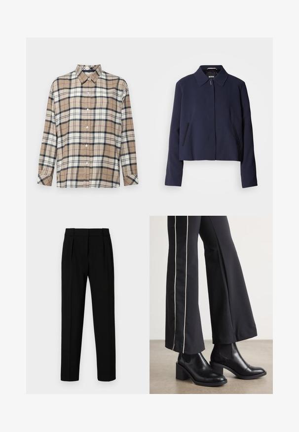 Navy blue cropped jacket with a pointed collar, front button closure, side pockets, and a smooth fabric finish. Logo displayed inside.; Beige, plaid shirt featuring navy, red, and white intersecting lines. Made of soft material with a button-up front and rolled sleeves.; Black tailored trousers with a straight fit, pleated front, polished fabric, and a medium waistband. No visible pockets or hardware details.; Black leather ankle boots with a block heel, featuring elastic side panels. Paired with black pants that have a white side stripe.