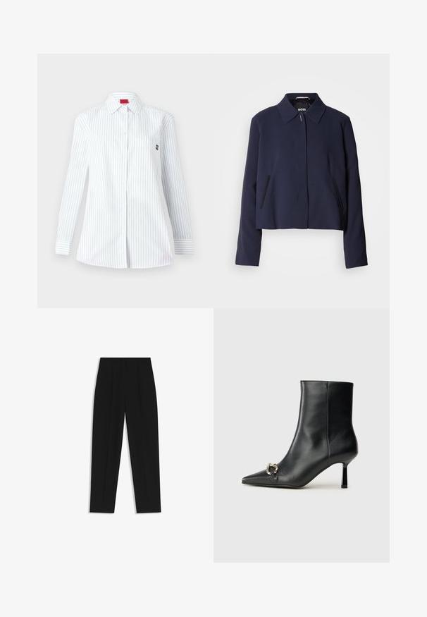 Marineblaues cropped Jacket mit spitzem Kragen, vorderem Knopfverschluss, seitlichen Taschen und glatter Stoffoberfläche. Logo innen sichtbar.; Weißes Langarmhemd mit blauen vertikalen Streifen, einem spitzen Kragen, einer Brusttasche und einem kleinen gestickten Logo auf der Brust.; Schwarze Hose mit geradem Schnitt, doppelten Falten, einer glatten Textur und einem klassischen Bunddesign. Keine sichtbaren Beschläge oder Akzente.; Schwarze Leder-Stiefelette mit spitzer Zehe, schlankem, mittelhohem Absatz und silberner Schnalle seitlich vor einem schlichten Hintergrund.