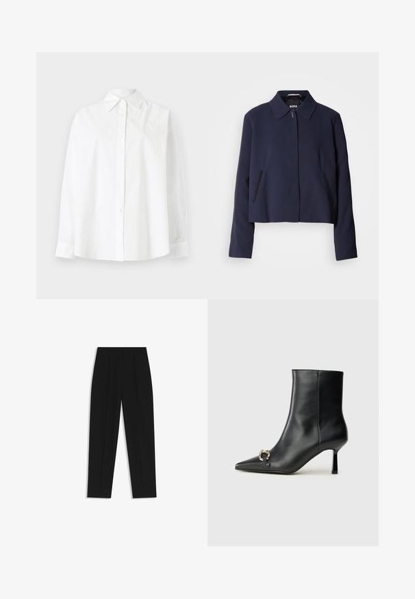 Marineblå cropped jakke med spidse kraver, frontlukning med knapper, sidelommer og en glat stoffinish. Logo vist indeni.; Hvid skjorte med knapper lavet af bomuld, med en klassisk krave, lange ærmer og diskret hjertebroderi på den øverste venstre side.; Sorte bukser med lige pasform, der har dobbelte folder, en glat tekstur og et klassisk taljedesign. Ingen synlige hardware eller accenter.; Sort læder ankelstøvle med spidse tæer, slank hæl i mellemhøjde og sølvspænde detaljer på siden mod en ensfarvet baggrund.