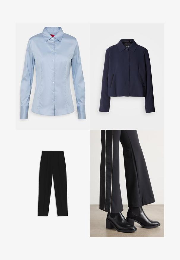 Navy blue cropped jacket with a pointed collar, front button closure, side pockets, and a smooth fabric finish. Logo displayed inside.; Light blue button-up shirt made of smooth fabric, featuring a classic collar, long sleeves, and a straight fit with subtle stitching details.; Black trousers with a straight fit, featuring double pleats, a smooth texture, and a classic waistband design. No visible hardware or accents.; Black leather ankle boots with a block heel, featuring elastic side panels. Paired with black pants that have a white side stripe.