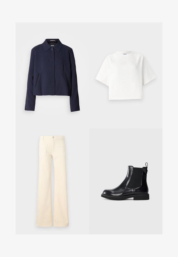 Tamsiai mėlynas trumpas švarkas su smailiu apykakle, priekyje mygtukų užsegimas, šoninės kišenės ir lygus audinio paviršius. Viduje matomas logotipas.; Balta per didelė T-marškiniai su trumpomis raglano rankovėmis, pagaminti iš minkštos medžiagos. Yra subtilus logotipas ant krūtinės ir apvalus iškirpimas.; Kreminės spalvos plačios džinsinės kelnės su lygiu paviršiumi, turinčios dvi užpakalines kišenes ir priekinį mygtuką. Tiesus kirpimas su aukštu liemeniu.; Juodos odinės Čelsio botai su elastine šonine dalimi, su kilpa ant kulno, žema blokine padu, pristatyti ant baltos fono.