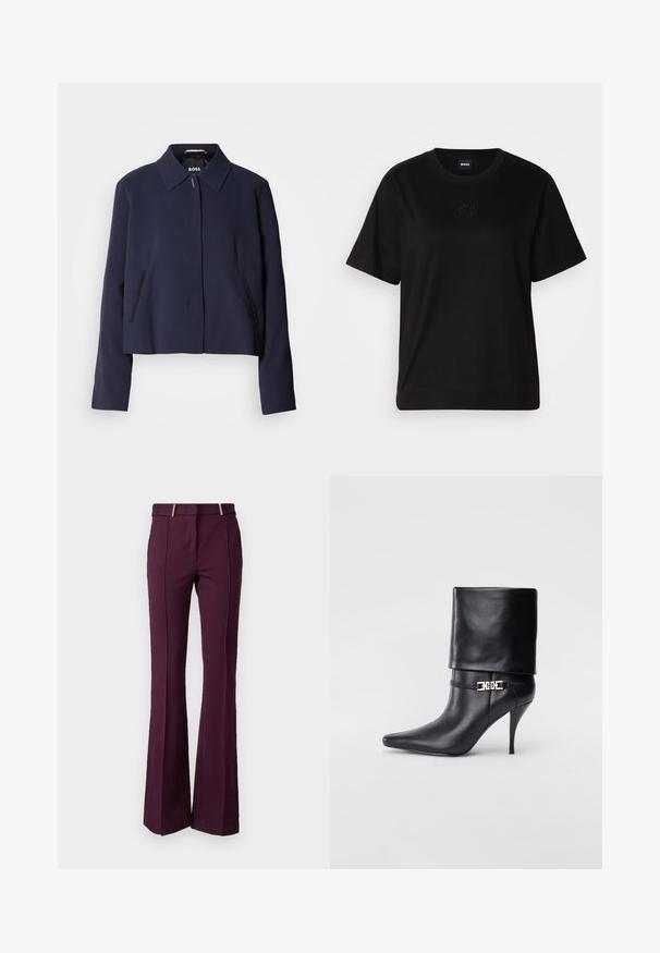 Marineblaues cropped Jacket mit spitzem Kragen, vorderem Knopfverschluss, seitlichen Taschen und glatter Stoffoberfläche. Logo innen sichtbar.; Schwarzes Baumwoll-T-Shirt mit Rundhalsausschnitt, kurzen Ärmeln und aufgesticktem Logo auf der Brust. Einfacher, lässiger Schnitt ohne Muster.; Schicke Schlaghosen aus tiefburgunderfarbener, glatter Stoffqualität. Sie haben eine mittlere Taille und eine doppelte goldfarbene Hardware an der Vorderseite.; Schwarze Leder-Ankle-Boots mit spitzer Zehenpartie, hohen Stiletto-Absätzen, umgeschlagenem Schaft und einem goldenen dekorativen Schnallen-Detail an der Knöchel.