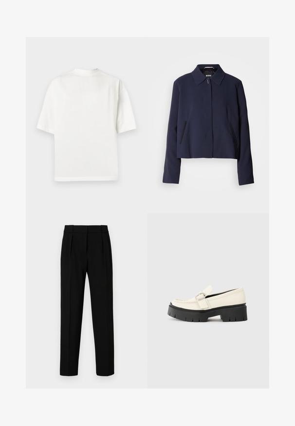 Marineblå cropped jakke med spidse kraver, frontlukning med knapper, sidelommer og en glat stoffinish. Logo vist indeni.; Hvid bomulds-T-shirt med korte ærmer, rund hals og løs pasform. Glat tekstur, enkelt design og uden synlige mønstre eller accenter.; Sorte skræddersyede bukser med lige pasform, plisseret front, poleret stof og en medium talje. Ingen synlige lommer eller hardware-detaljer.; Hvide læder loafers med en kraftig sort platformsål, der har en rektangulær sølvspænde og synlige syninger på overdelen.