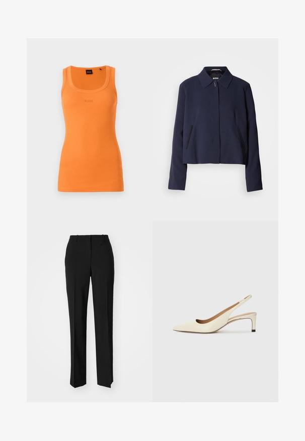 Tummansininen lyhyt takki, jossa on kärjellinen kaulus, edessä nappisuljenta, sivutaskut ja sileä kangaspinta. Logo näkyy sisällä.; Oranssi uurrettu tankkitoppi, jossa on pyöreä pääntie ja BOSS-logo kirjottuna keskelle. Tiukka siluetti, kevyet kankaat ja hihaton muotoilu.; Mustat räätälöidyt housut suoraa lahjetta, joissa on sileä pinta ja terävät taitteet edessä. Ei näkyvää metalliosaa.; Kärkisaapas nilkkahihnalla off-white nahasta, jossa on matala korko ja leikattu muotoilu, sileällä pinnalla ja vähäisillä yksityiskohdilla.