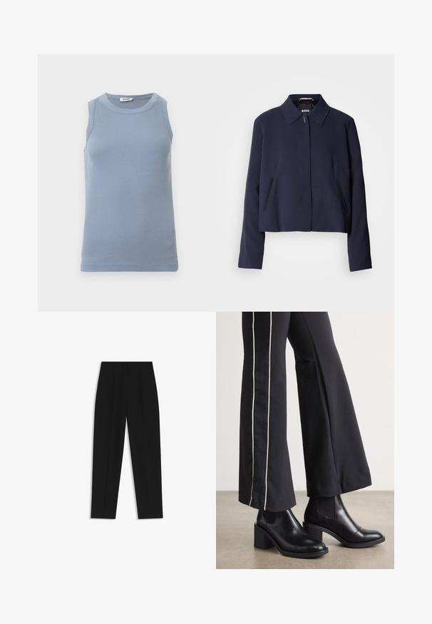 Marinblå croppad jacka med spetsig krage, knappstängning fram, sidofickor och en slät tygfinish. Logotypen syns inuti.; Blå ärmlös topp med ribbad struktur, rund halsringning och figursydd design. Tyget ser mjukt och lätt ut.; Svarta byxor med rak passform, med dubbla fickor, en slät yta och en klassisk midje-design. Ingen synlig hårdvara eller detaljer.; Svarta läderankelboots med klack, med elastiska sidopaneler. I kombination med svarta byxor som har en vit sidostrip.