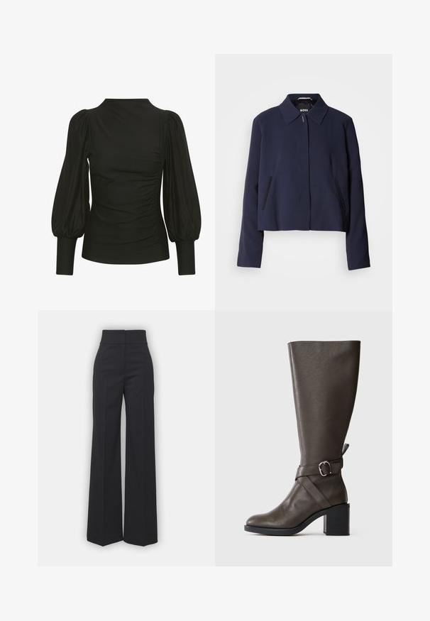 Tumši zilā krāsā apgriezta jaka ar asu apkakli, priekšējo pogu aizdari, sānu kabatām un gludu auduma apdari. Logo atrodas iekšpusē.; Melna blūze ar pūkstētiem piedurknēm, elegants dizains, mīksta auduma, ar rušēšanu sānos un pieguļošām aprocēm. Minimalistisks stils, nav redzamu logo.; Melni plaša kāju bikses ar augstu jostasvietu, kurām ir tīra apdare un gluda tekstūra. Nav redzamu detaļu vai rakstu.; Tumši brūni ceļgala zābaki no ādas ar vidēju bloku papēdi un dekoratīvu jostu ar sudraba sprādzi ap potīti.