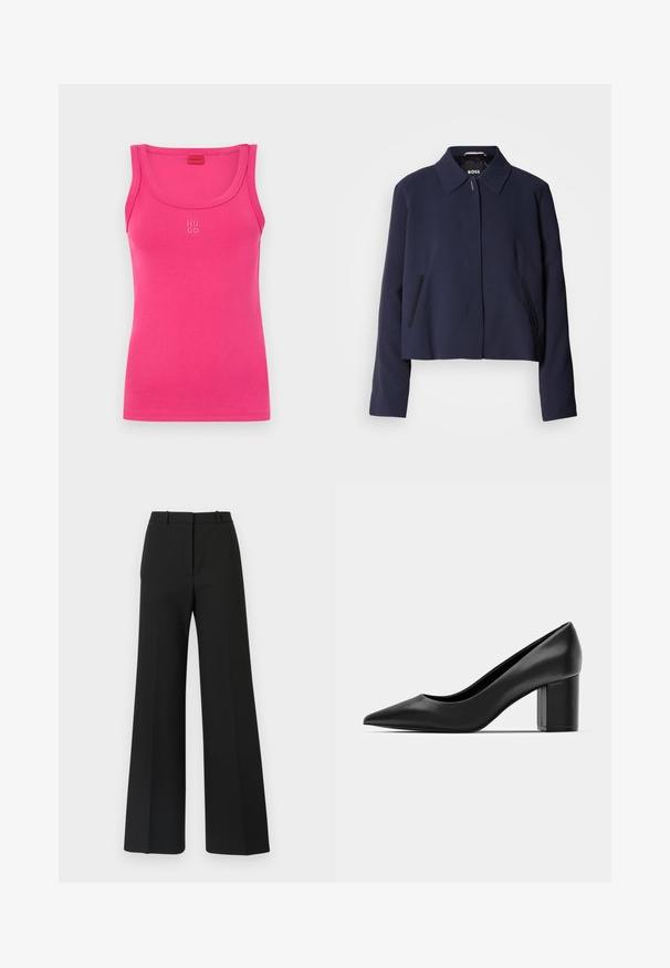 Navyblauwe cropped jas met een puntige kraag, een sluiting met knopen aan de voorkant, zijzakken en een gladde stofafwerking. Logo zichtbaar aan de binnenkant.; Aansluitende roze tanktop van gladde katoenen stof, met een gebogen halslijn en een klein "HUGO" logo in het wit op de voorkant in het midden.; Zwarte wijde broek met een op maat gemaakt ontwerp, kenmerkend door een soepele textuur en subtiele plooien aan de voorkant. Geen zichtbare hardware of patronen.; Zwarte leren pump met een spitse neus en een chunky vierkante hak. Glad textuur, eenvoudig ontwerp, geschikt voor formele gelegenheden.