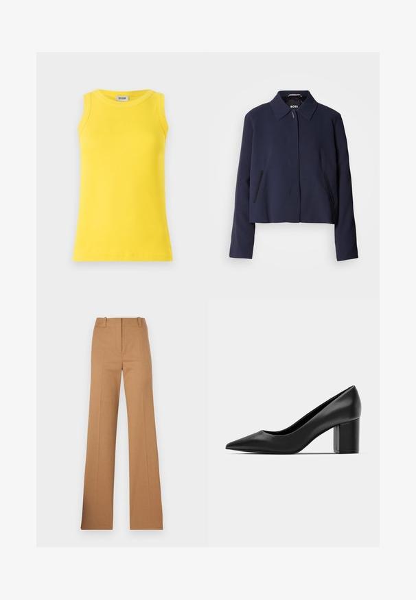 Temno modra skrajšana jakna s koničastim ovratnikom, sprednjim zapiranjem na gumbe, stranskimi žepi in gladko tkanino. Logo prikazan znotraj.; Rumena brezrokavna majica iz rebraste tkanine, ki ima okroglo ovratnico in prilegajoč kroj. Na labelu piše "DRYKORN."; HUGO HULANA - Hlače chino - open brown; Črne usnjene pete z ostrim nosom in masivnim kvadrataškim peto. Gladka textura, preprost dizajn, primeren za formalne priložnosti.