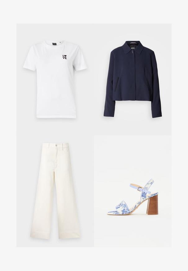 Marinblå croppad jacka med spetsig krage, knappstängning fram, sidofickor och en slät tygfinish. Logotypen syns inuti.; Vit bomulls T-shirt med korta ärmar, med tryckt svart text "LOVE" och hjärta logotyp på vänstra bröstområdet.; Videbeniga byxor i ljusbeige bomull. Funktioner inkluderar hög midja, framfickor och rak skärning. Rena avslutningar utan mönster.; Blå blommönstrad sandalett med fyrkantig tå, bred rem och justerbar vristrem, med en texturerad träklack.