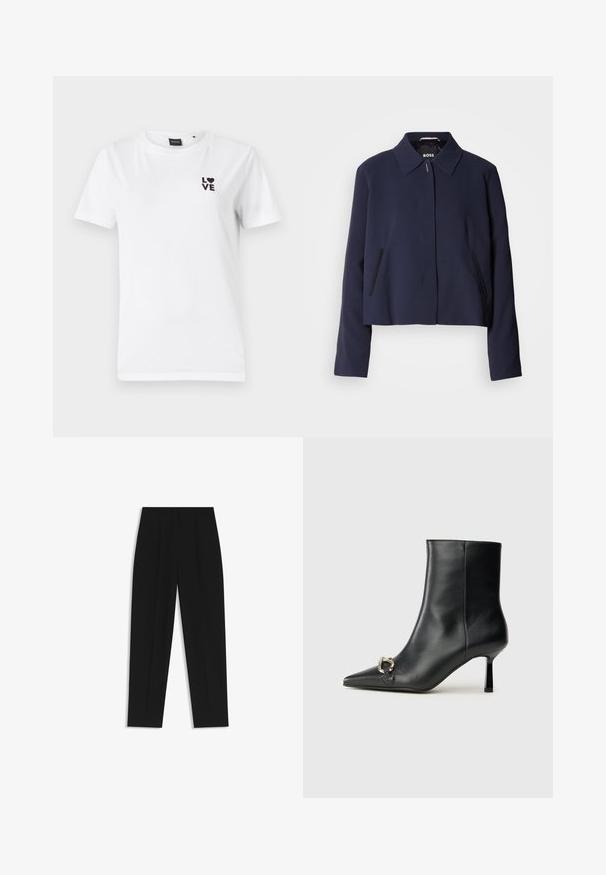 Tummansininen lyhyt takki, jossa on kärjellinen kaulus, edessä nappisuljenta, sivutaskut ja sileä kangaspinta. Logo näkyy sisällä.; Valkoinen puuvillapaita lyhyillä hihoilla, jossa on musta painettu teksti "LOVE" ja sydänlogo vasemmassa rinnassa.; Mustat housut suoran istuvuuden kanssa, joissa on kaksinkertaiset laskokset, sileä pinta ja klassinen vyötärönauhan muotoilu. Ei näkyviä metalliosia tai koristeita.; Musta nahkasaapas nilkkapituisilla, terävillä kärjillä, hoikalla keskipituisella korolla ja hopeavöillä sivussa yksinkertaista taustaa vasten.
