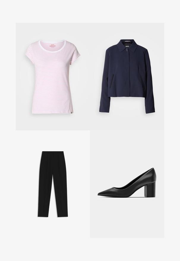 Navyblauwe cropped jas met een puntige kraag, een sluiting met knopen aan de voorkant, zijzakken en een gladde stofafwerking. Logo zichtbaar aan de binnenkant.; Roze en wit gestreept T-shirt met een ronde halslijn en korte mouwen. Gemaakt van zachte stof met een reguliere pasvorm. Subtiel merklabel aan de zoom.; Zwarte broeken met een rechte pasvorm, voorzien van dubbele plooien, een zachte textuur en een klassiek taillebandontwerp. Geen zichtbare hardware of accenten.; Zwarte leren pump met een spitse neus en een chunky vierkante hak. Glad textuur, eenvoudig ontwerp, geschikt voor formele gelegenheden.