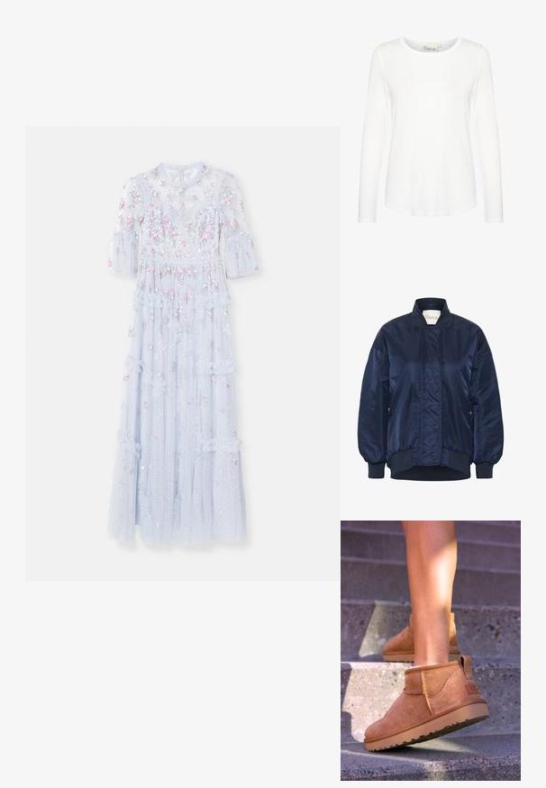 Veste bombardier navy, tissu brillant, poignets et ourlet côtelés, fermeture à pression sur le devant, poches latérales, détails matelassés sur le corps.; Needle & Thread SHIMMER DITSY LONG SLEEVE GOWN - Robe de cocktail - cloud; Haut à manches longues blanc avec un col rond. Fabriqué en tissu lisse avec une coupe ajustée. Étiquette visible au niveau du cou. Aucune motif ni accent.; Bottines en suede beige avec une texture douce, des détails cousus et une semelle en caoutchouc, dotées d'un talon en boucle pour un enfilage facile.