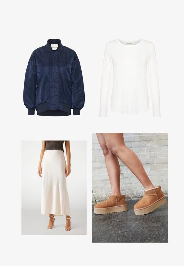 Granatowa bomberka, błyszczący materiał, ściągacze na mankietach i u dołu, zapięcie na napy z przodu, kieszenie boczne, pikowane detale na korpusie.; Biała bluzka z długim rękawem i okrągłym dekoltem. Wykonana z gładkiego materiału o dopasowanym kroju. Metka widoczna przy szyi. Brak wzorów lub akcentów.; Kremowa satynowa długa spódnica o gładkiej fakturze, usytuowana w talii, z bocznym rozcięciem, zestawiona ze złotymi sandałami na wysokim obcasie z paskami.; Brązowe zamszowe botki sięgające kostki z puszystą wyściółką, grubą beżową platformą oraz tylną pętelką. Teksturowana powierzchnia z widocznymi detalami zszycia.