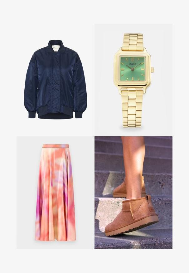 Tengerészeti bomberszaka, fényes anyag, bordázott mandzsetta és alsó rész, elülső patentzár, oldalsó zsebek, steppelt részletezés a testen.; Fehér, hosszú ujjú felső, kerek nyakkivágással. Simaságával és testhez simuló fazonjával készült. A címke látható a nyaknál. Nincsenek minták vagy díszítések.; Maxi szoknya könnyű, selyemszerű anyagból, rózsaszín, narancs és lila árnyalatok keverékével, sima felülettel és plisszírozott dizájnnal.; Barna nubuk bokacsizmák, puha textúrával, varrott részletekkel és gumitalpakkal, hurok alakú sarokkal a könnyű felvétel érdekében.; Arany tónusú négyzet alakú óra zöld gradiens számlappal, téglalap alakú órajelzőkkel és láncszerű karkötővel. A márkanevet "CLUSE" ábrázolják.