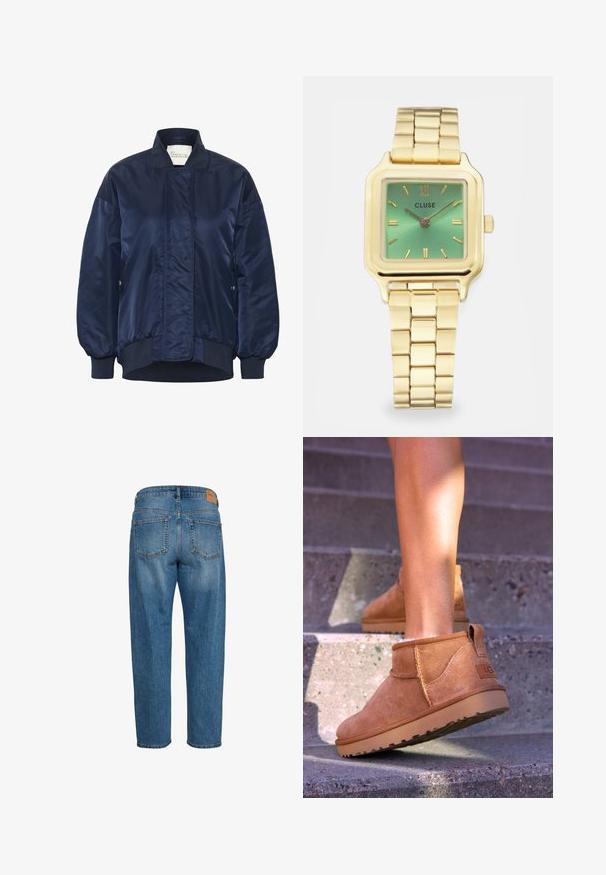 Mornarska bomberska jakna, sijo tkanina, rebrasti manšeti in rob, sprednje zapiranje na pritisni gumb, stranske žepe, prešite detajle na telesu.; Bela dolgimi rokavi s krožnim izrezom. Narejena iz gladkega materiala s prileganjem. Oznaka vidna na vratu. Brez vzorcev ali poudarkov.; Modre jeans hlače s ravnim krojem, dvema zadnjima žepoma in majhnim svetlo rjavim usnjenim znakom na pasu.; Svetlosive nobuck gležnjarji z mehko teksturo, všitimi detajli in gumijastim podplatom, z zanko na peti za enostavno obuvanje.; Zlato-tonirana kvadratna ura z zelenim prelivnim številčnico, pravokotnimi kazalci in povezanimi zapestnicami. Na voljo je blagovna znamka "CLUSE".