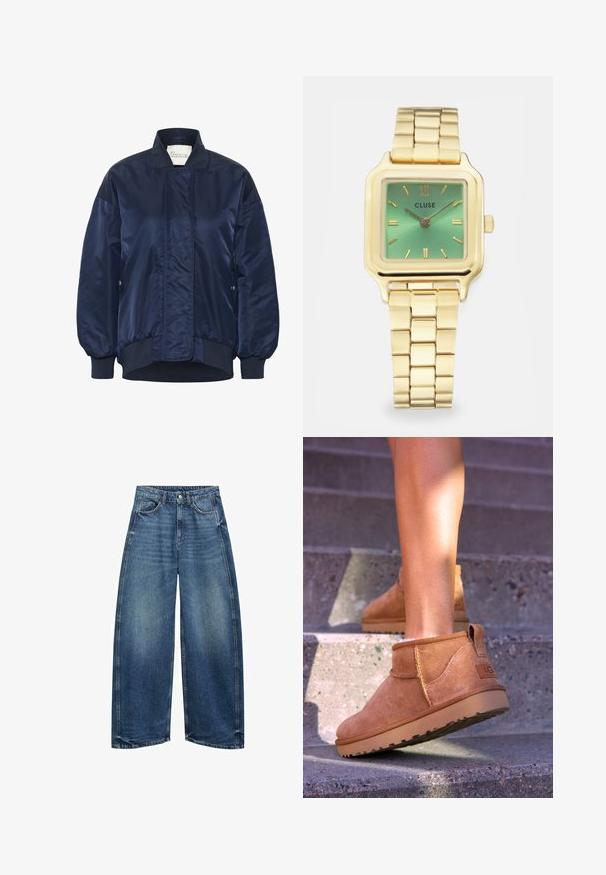 Mornarska bomberska jakna, sijo tkanina, rebrasti manšeti in rob, sprednje zapiranje na pritisni gumb, stranske žepe, prešite detajle na telesu.; Bela dolgimi rokavi s krožnim izrezom. Narejena iz gladkega materiala s prileganjem. Oznaka vidna na vratu. Brez vzorcev ali poudarkov.; Široke modre kavbojke z visokim pasom, zaključene z robom in klasičnim dizajnom s petimi žepi. Tkanina ima rahlo zbledel videz.; Svetlosive nobuck gležnjarji z mehko teksturo, všitimi detajli in gumijastim podplatom, z zanko na peti za enostavno obuvanje.; Zlato-tonirana kvadratna ura z zelenim prelivnim številčnico, pravokotnimi kazalci in povezanimi zapestnicami. Na voljo je blagovna znamka "CLUSE".