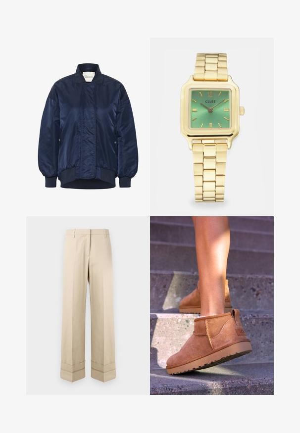 Jūras spēku bumbvedēja jaka, spīdīga auduma, ribota apkakle un apakša, priekšējā pogu aizdare, sānu kabatas, kviltoti detaļas uz ķermeņa.; Balta garās piedurknes bluse ar apaļu kaklu. Izgatavota no gludas auduma ar pieguļošu formu. Uzlīme redzama pie kakla. Bez rakstiem vai akcentiem.; Beige bikses ar taisnu griezumu, kurām ir dubultā piedurkne apakšmalā un plakana priekšpuse. Izgatavotas no gludas, izturīgas auduma.; Dzeltenbrūnas zamšādas potīšu zābaciņi ar mīkstu tekstūru, izšūtu apdari un gumijas zoli, kas aprīkoti ar cilpu uz papēža ērtai uzvilkšanai.; Zeltaini tonēts kvadrātveida pulkstenis ar zaļu gradienta ciparnīcu, taisnstūra stundu marķējumi un saitēta aproce. Zīmola nosaukums "CLUSE" redzams.