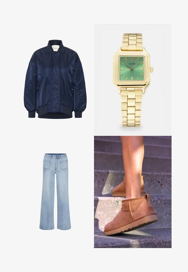 Mornarska bomberska jakna, sijo tkanina, rebrasti manšeti in rob, sprednje zapiranje na pritisni gumb, stranske žepe, prešite detajle na telesu.; Bela dolgimi rokavi s krožnim izrezom. Narejena iz gladkega materiala s prileganjem. Oznaka vidna na vratu. Brez vzorcev ali poudarkov.; Svetlo modri široki traper hlače z visokim pasom, ki vključujejo pet žepov in čisto obrobo na koncu.; Svetlosive nobuck gležnjarji z mehko teksturo, všitimi detajli in gumijastim podplatom, z zanko na peti za enostavno obuvanje.; Zlato-tonirana kvadratna ura z zelenim prelivnim številčnico, pravokotnimi kazalci in povezanimi zapestnicami. Na voljo je blagovna znamka "CLUSE".