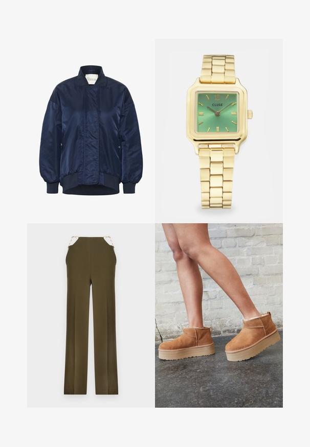 Jūras spēku bumbvedēja jaka, spīdīga auduma, ribota apkakle un apakša, priekšējā pogu aizdare, sānu kabatas, kviltoti detaļas uz ķermeņa.; Balta garās piedurknes bluse ar apaļu kaklu. Izgatavota no gludas auduma ar pieguļošu formu. Uzlīme redzama pie kakla. Bez rakstiem vai akcentiem.; Olīvzaļi plaši bikses, izgatavotas no gludas auduma, ar zeltainām ķēdēm jostasvietā. Taisna piegriezuma ar tīru apdari.; Brūni zamšāda potītes zābaki ar mīkstu oderi, biezu bēša krāsas platformas zoli un aizmugurē esošu cilpu. Tekstūrēta virsma ar redzamām šuvēm.; Zeltaini tonēts kvadrātveida pulkstenis ar zaļu gradienta ciparnīcu, taisnstūra stundu marķējumi un saitēta aproce. Zīmola nosaukums "CLUSE" redzams.