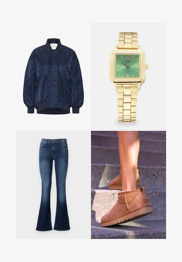 Chaqueta bomber de marina, tejido brillante, puños y dobladillo acanalados, cierre frontal a presión, bolsillos laterales, detalle acolchado en el cuerpo.; Top blanco de manga larga con cuello redondo. Hecho de una tela suave con un corte ajustado. Etiqueta visible en el cuello. Sin patrones ni acentos.; Vaqueros acampanados azules hechos de denim. Presentan una cintura alta, cinco bolsillos y un ligero desvanecimiento cerca del dobladillo. Costuras en un color contrastante.; Botas de tobillo de ante color beige con una textura suave, detalles de costura y una suela de goma, que cuentan con un tacón en bucle para facilitar su uso.; Reloj cuadrado dorado con esfera en gradiente verde, marcadores de hora rectangulares y pulsera articulada. Nombre de la marca "CLUSE" mostrado.