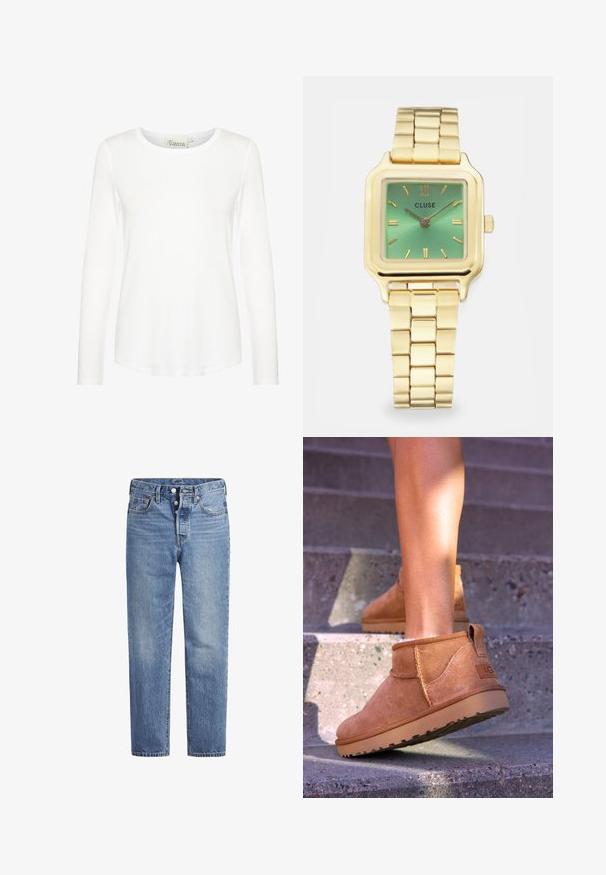 Marine bomberjakke, skinnende stof, ribbede manchetter og kant, frontknaplukning, sidelommer, quilted detaljer på kroppen.; Hvid langærmet top med en rund halsudskæring. Fremstillet af glat stof med en tætsiddende form. Etiketten er synlig ved halsen. Ingen mønstre eller detaljer.; Lyseblå denimjeans med lige pasform, fem-lomme-design og knaplukning. Har subtile falmede detaljer og orange søm.; Tan ruskind ankelstøvler med en blød tekstur, stikninger og en gummisål, der har en løkkehælkappe for nem på- og aftagning.; Guldtonet firkantet ur med en grøn gradient urskive, rektangulære time markører og en kædearmbånd. Mærkenavnet "CLUSE" vises.