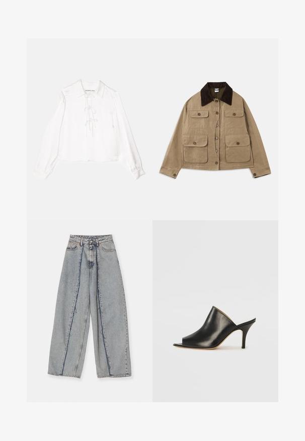 Beige bomulljacka med mörk kordfläskkrage, fyra framfickor, knappstängning och långa ärmar. Har en avslappnad passform.; Vit långärmad blus med krage och centralt snörningsdetalj, tillverkad av mjukt tyg. Ärmarna har resår.; Ljust blå vida jeans med fransade kanter, hög midja och kontrasterande sömmar. Tillverkade av denim, med en avslappnad passform och minimala slitningar.; Svart läder öppen tå mule med en stilren, böjd design, hög stilettklack och slät yta. Inredningen har en kontrasterande ljus färg.