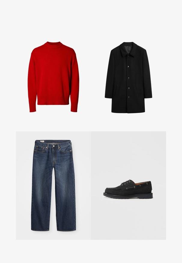 Svart ullrock med krage, knappstängning framtill, två sidfickor och rak silhuett. Slät textur utan synliga mönster.; Röd långärmad tröja med rundhals, ribbad krage, ärmslut och nederkant, visad mot en vit bakgrund.; Mörkblå denimjeans med rak benform, femfickorsdesign, metallknapp och dragkedja, samt subtila slitningar.; Svart mocka båt skor med snörning, metallöglor, kontrasterande sömmar och en robust gummisula för bra grepp.