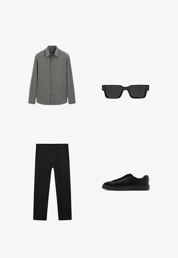 Cappotto di lana nera con colletto, chiusura frontale con bottoni, due tasche laterali e silhouette dritta. Tessuto liscio senza motivi visibili.; Camicia a maniche lunghe con bottoni in tessuto testurizzato grigio scuro, con colletto classico e bottoni neri lungo la parte anteriore.; Pantaloni neri in cotone con design a gamba dritta, tasche frontali e chiusura classica con bottone e zip. Texture liscia, vestibilità sartoriale.; Sneaker in pelle nera con finitura liscia, punta rotonda, laccio frontale e linguetta testurizzata a contrasto. Suola in gomma nera spessa.; Occhiali da sole rettangolari neri con lenti scure, montatura in plastica lucida e piccoli dettagli firmati sulle tempie. Profilo piatto e angoli netti.