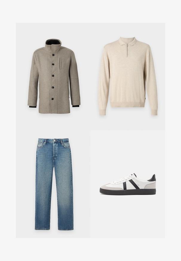 Light gray wool coat with a high collar, front button closure, and a side pocket. Features long sleeves and a smooth texture.; Beige long-sleeve pullover with a collared neckline and zip closure. Made of soft material with ribbed cuffs and hem.; Blue denim jeans with a straight cut, featuring a classic five-pocket design, visible stitching, and a faded wash.; White sneaker with black and gray accents, featuring a textured gray toe cap, black rubber sole, and flat white laces. Clean design, minimalist style.