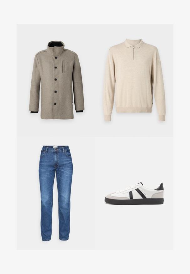 Lys grå ullkåpe med høyt krage, knappelukking foran og sidelomme. Har lange ermer og en jevn tekstur.; Beige langermet genser med krage og glidelås. Laget av mykt materiale med ribbestrikkede mansjetter og kant.; Blå denimbukser med straight-leg design, som har fem lommer, knapp og glidelås lukking, samt subtil falming for tekstur.; Hvite sneakers med svarte og grå detaljer, med en teksturert grå tåhette, svart gummisåle, og flate hvite lisser. Rent design, minimalistisk stil.