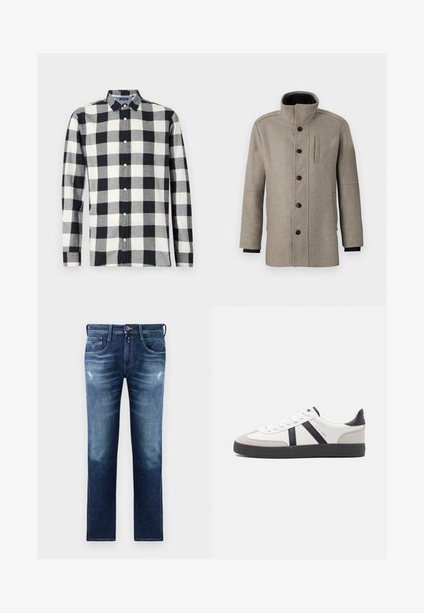Hellgrauer Wollmantel mit hohem Kragen, vorderem Knopfverschluss und Seitentasche. Mit langen Ärmeln und einer glatten Textur.; Beige gestrickter Pullover mit langen Ärmeln, gerippten Bündchen und Saum, Rundhalsausschnitt, strukturiertem Muster, aus weichem Material hergestellt.; Langärmliges Hemd in schwarz-weißem Schottenmuster, gefertigt aus einem Stoff mit glatter Textur. Besitzt einen Button-Down-Kragen und Knöpfe an der Vorderseite.; Blaue Denim-Jeans mit regulärer Passform, ausgestattet mit einer verwaschenen Optik, leichten Gebrauchsspuren, fünf Taschen und Kontrastnähten. Knopfverschluss am Bund.; Weiße Sneaker mit schwarz- und grau-aczenten, ausgestattet mit einer strukturierten grauen Zehenkappe, schwarzer Gummi-Sohle und flachen weißen Schnürsenkeln. Sauberes Design, minimalistische Stil.
